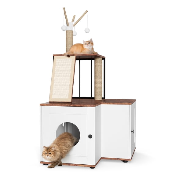 Roromall Cat Tree Litter Box Enclosure Hidden Litterbox, Large Tall Cat Tower for Indoor Cats Large Adult, 2 in 1 Multi Level Wooden Furniture with Scratching Post, Hanging Balls for Pets