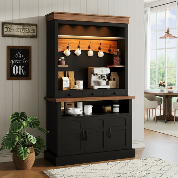 Roromall Coffee Bar Cabinet with LED Light, 72" Tall Farmhouse Coffee Bar Hutch with Storage, Sideboard Buffet Cabinet with Microwave Stand, 6 Hooks, 3 Drawers for Kitchen Living Dining Room