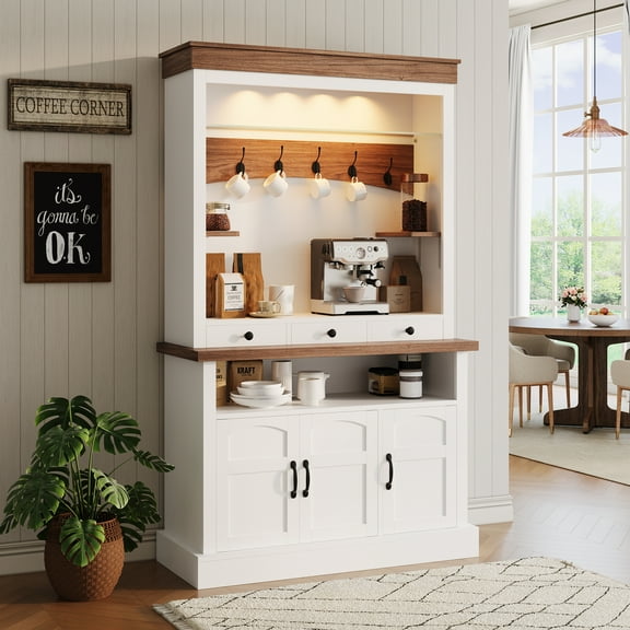 Roromall Coffee Bar Cabinet with LED Light, 72" Tall Farmhouse Coffee Bar Hutch with Storage, Sideboard Buffet Cabinet with Microwave Stand, 6 Hooks, 3 Drawers for Kitchen Living Dining Room