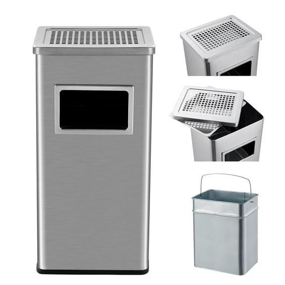 Roromall Commercial Trash Can, Stainless Steel Square Garbage Can with Removable Inner Bucket and Ashtray, Waste Bin for Office, Hotel, Shopping Mall, Restroom