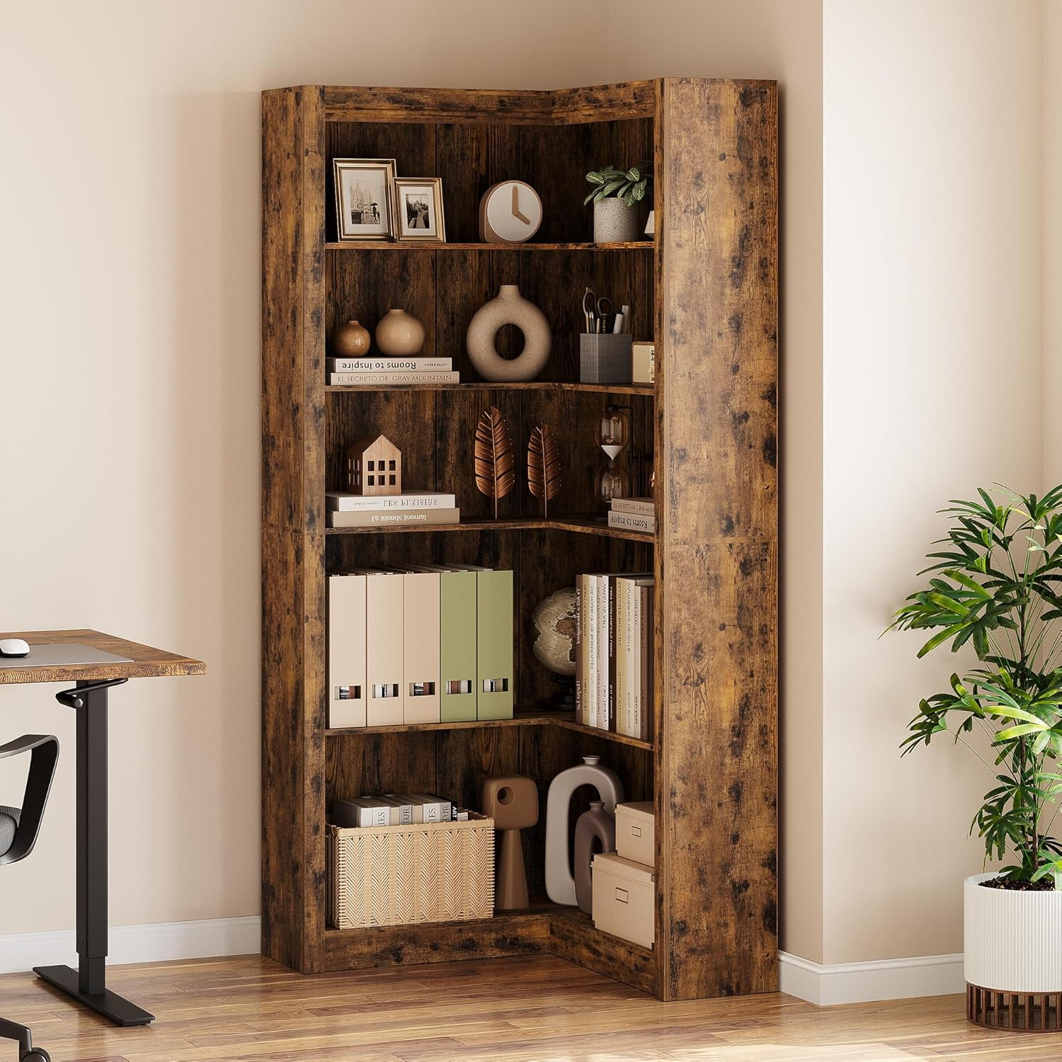 Rustic Brown Tall 5-Tier Corner Bookshelf with MDF Wood