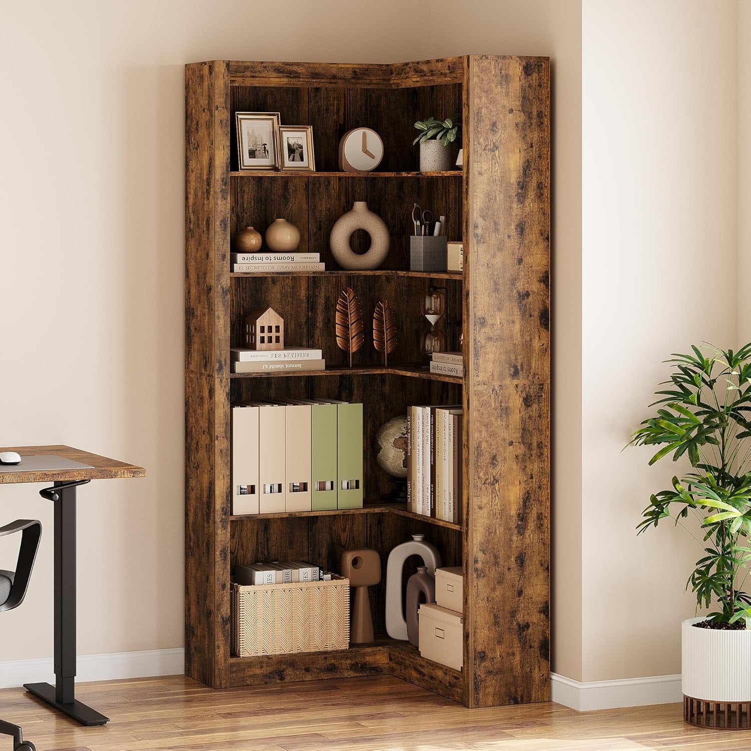 Rustic Brown Tall 5-Tier Corner Bookshelf with MDF Wood