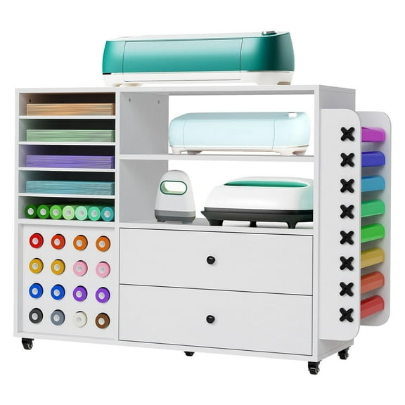 Roromall Craft Organization and Storage Cabinet for Craft Machines Cart with 2 Drawers & 24 Vinyl Roll Holder, Crafts Station Accessories Storage Organizer