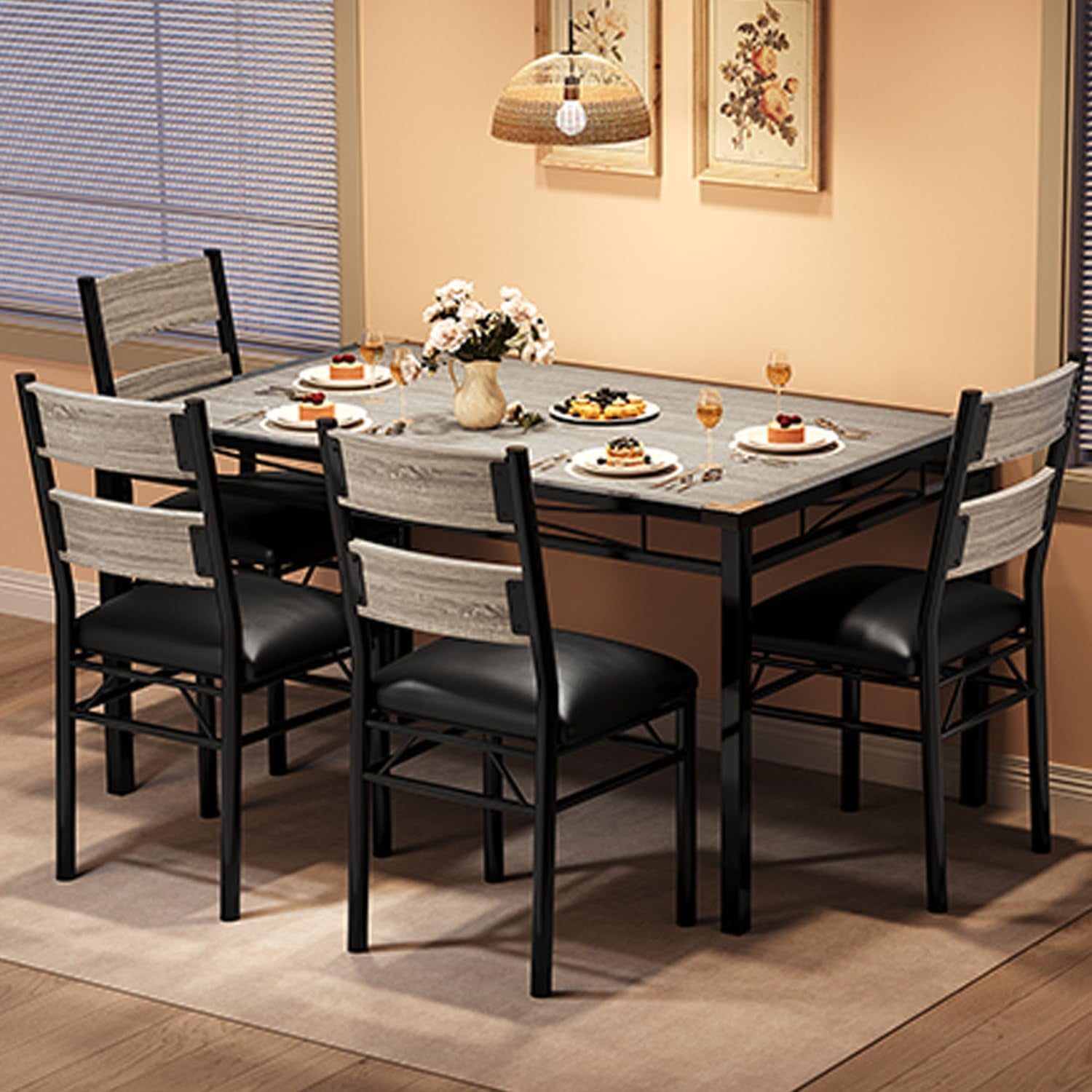 Roromall Dining Table Set, Wood Kitchen Table with Upholstered Chairs ...