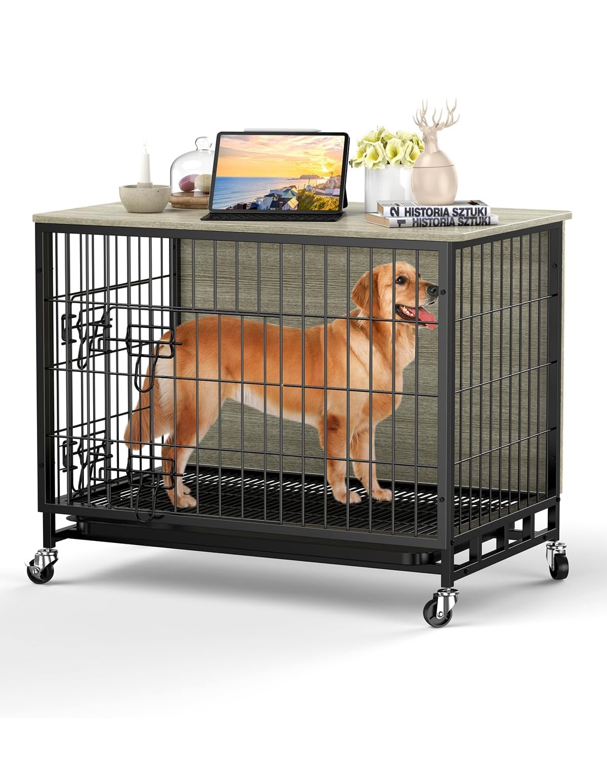 Roromall Dog Crate Furniture, 32.5'' Wooden Dog Kennel with Wheels and ...