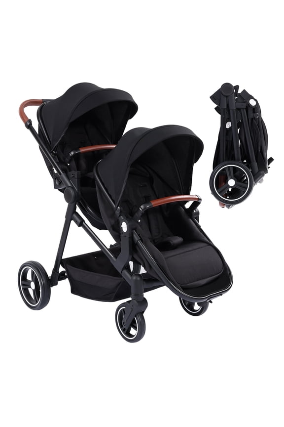 Double Stroller for Infants and Toddlers, Foldable Tandem Stroller, Reversible Pushchair Bassinet Pram with Large Storage Basket, Adjustable Backrest & Canopy