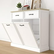 Roromall Double Tilt Out Trash Cabinet, Hidden Trash Storage Cabinet 20 gal, Freestanding White Garbage Can Cabinet for Kitchen Dining Living Room