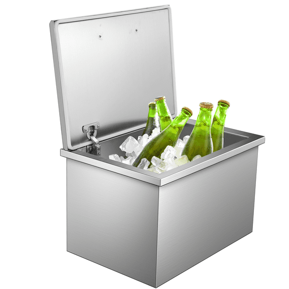 Roromall Drop-in Ice Chest, Quart Stainless Steel Ice Cooler, Ergonomic Handle, Hinged Cover, Drain-Pipe Set, Ideal for Outdoor Kitchen Patio Ice Bar, Cold Wine Beer