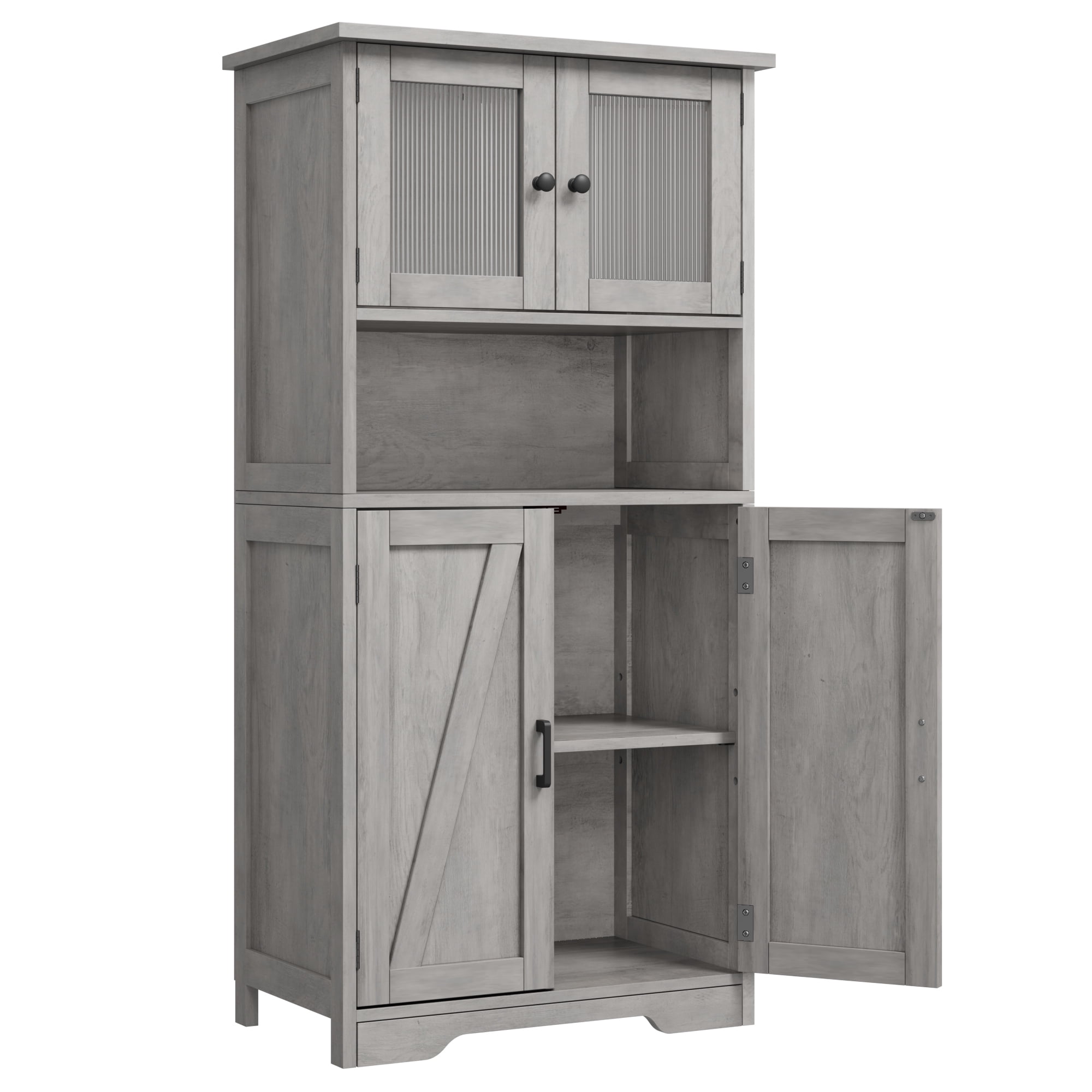 Roromall Farmhouse Storage Cabinet with Glass Doors and Adjustable Shelves, Freestanding Kitchen Pantry Cabinet, Cupboard Floor Cabinet for Living Room, Dining Room