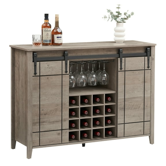 Roromall Farmhouse Wine Bar Cabinet with Sliding Barn Door, Kitchen Coffee Bar Cabinet w/ 16 Wine & Glass Rack, Storage Shelves, Rustic Buffet Sideboard for Dining Living Room