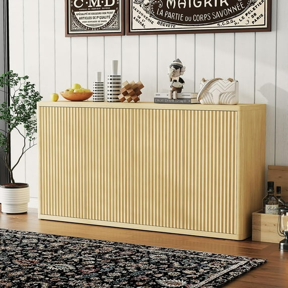 Roromall Fluted Buffet Cabinet, Mid Century Modern Sideboard Storage Cabinet with 4 Doors & Adjustable Shelves, Large Buffet Sideboard for Dining Room, Entryway