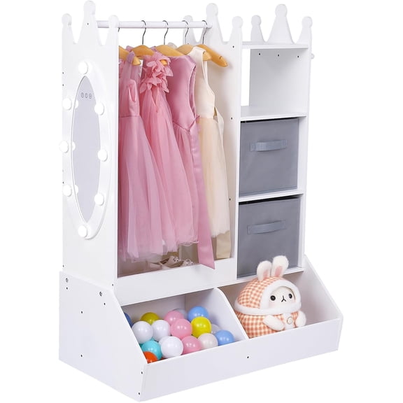 Roromall Girls' Dress up Storage with Light & Mirror, Clothing Rack with Storage Bin, Girl's Open Hanging Armoire Closet