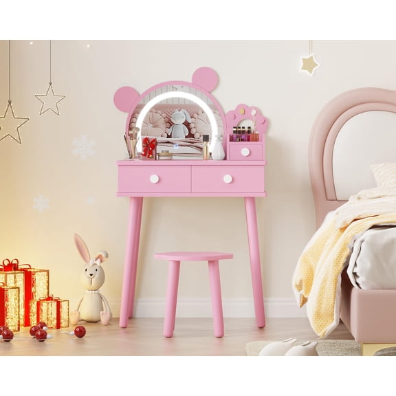 Roromall Girls Vanity Set with Lights, Bear-Shaped Make Up Desk with Mirror & Stool, Wooden Princess Make Up Table Set for Bedroom, Pretend Play Vanity Sets