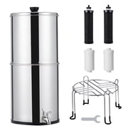 Roromall Gravity-fed Water Filter System, Stainless Steel Countertop Water Filter System with 2 Black Carbon Filters, Metal Water Level Spigot and Stand, for Home, Camping, RV, Emergencies