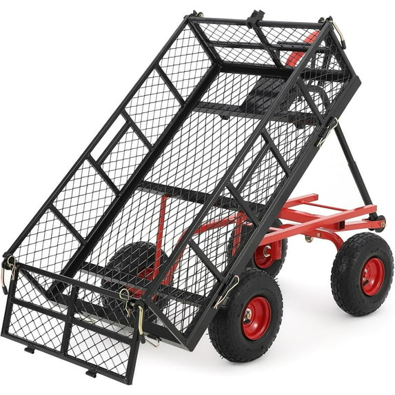 Roromall Heavy Duty 880LBS/1400LBS Dump Utility Garden Cart, Steel Garden Wagon with Removable Mesh Sides and Wheels, Dump Garden Carts with 180° Rotating Handle for Outdoor