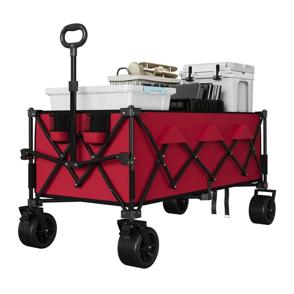 Roromall Heavy Duty Folding Wagon for Beach, Large Collapsible Wagon for Camping, All Terrain Beach Wagons Extended with Cup Holders for Sand