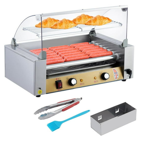 Roromall Hot Dog Roller with Bun Warmer, Dual Temp Control Hot Dog Machine, Stainless Steel Hot Dog Grill with PC Hood Shelf & Removable Oil Drip Tray, for Home and Commercial