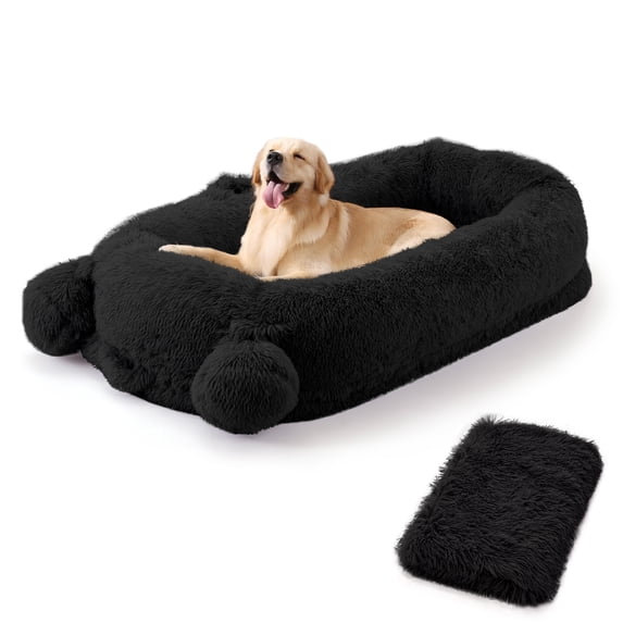 Roromall Human Dog Bed, 71''x45''x12'' Human Size Dog Bed with Blanket, 2 Side Storage Pockets and Portable Handle, Removable Cover, Luxury Faux Fur Large/Medium Size Dogs Beds for People