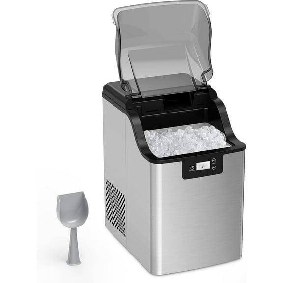 Roromall Ice Maker, Pebble Ice Maker Machine, 44lbs Per Day, 3Qt Water Reservoir & Self-Cleaning, Stainless Steel Finish Ice Machine for Home Office Bar Party, Silver