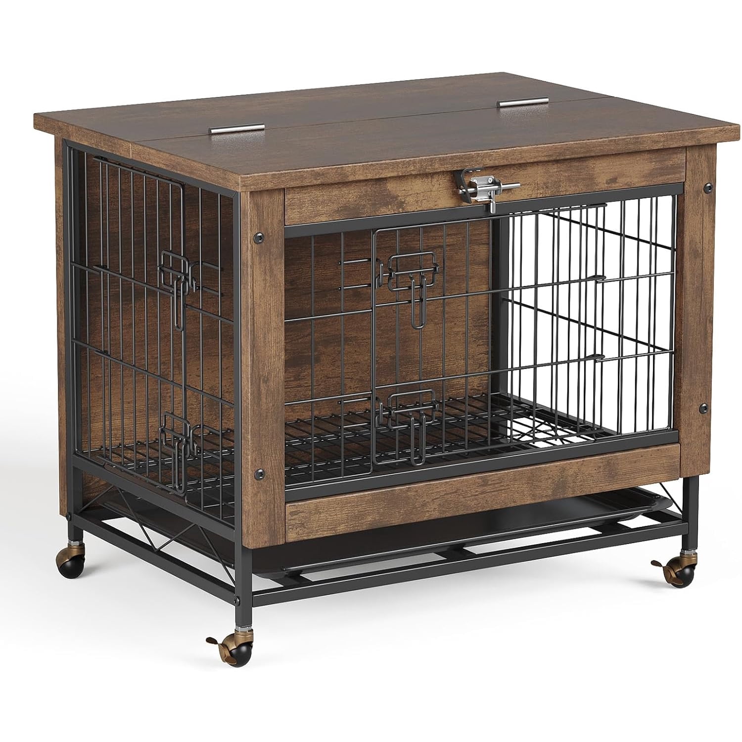 Roromall Indoor Dog Crate Furniture with 2 Doors, Small Dog Crates with ... - Compact Dog Crate With Wheels