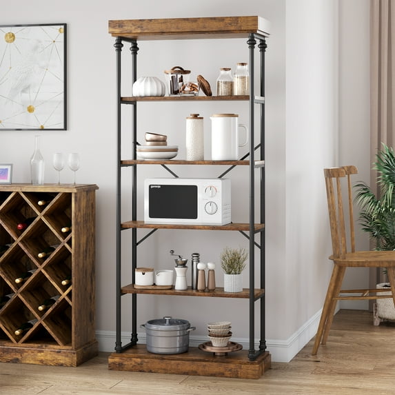Roromall Industrial Bookshelf Wood Bookcase 6 Tier Storage Open Rack Shelf Metal Frame Rustic Tall Standing Bookshelves Large Vintage Display Rack