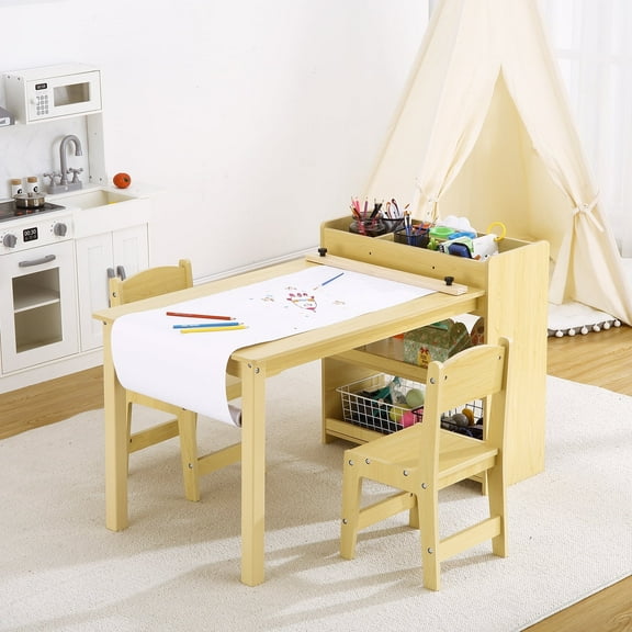 Roromall Kids Art Table with 2 Chairs, Craft Play Wood Activity Desk with Large Storage Shelves, Activity Desk for Writing Drawing Suitable for Nursery & Classroom