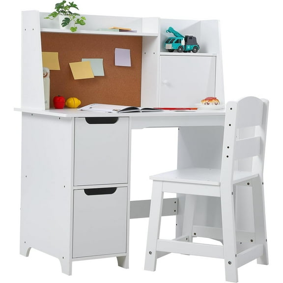 Roromall Kids Study Desk and Chair Set with Storage Learning Table with Bookshelf and Cabinets for Boys and Girls Ages 3-8, White
