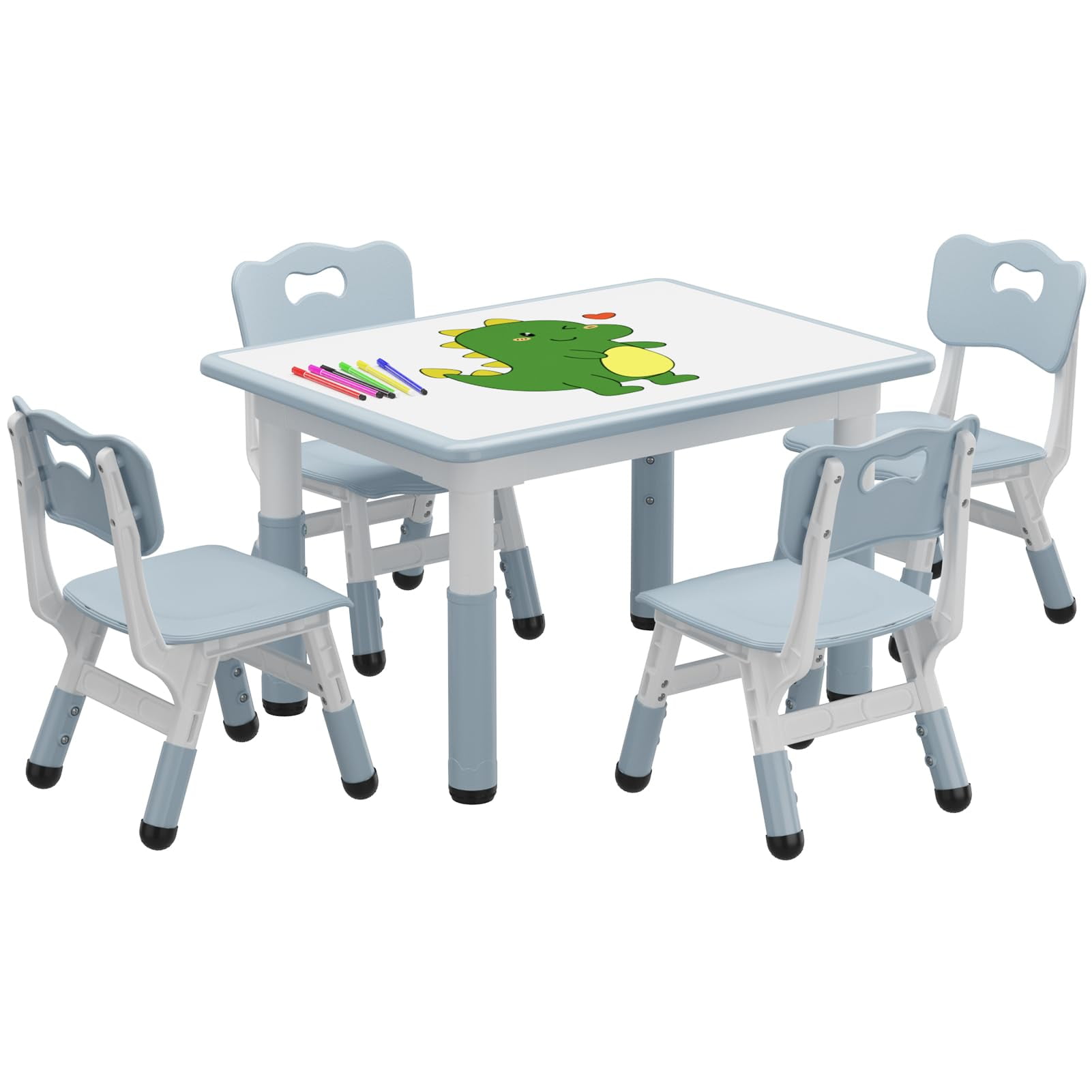 Height Adjustable Light Grey Wooden Kids Table and 4 Chairs Set
