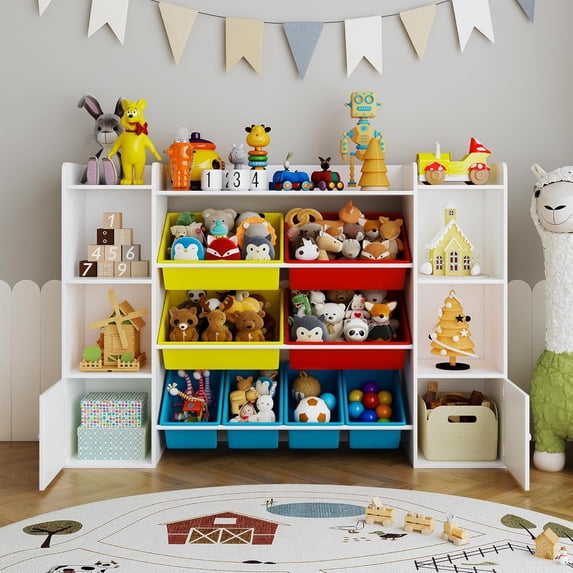 Roromall Kids Toy Storage Organizer w/8 Removable Toy Bins, Bookshelf and Toy Storage w/2 Storage Cubbies Playroom Storage Bins for Bedroom, Kids Room, Classroom