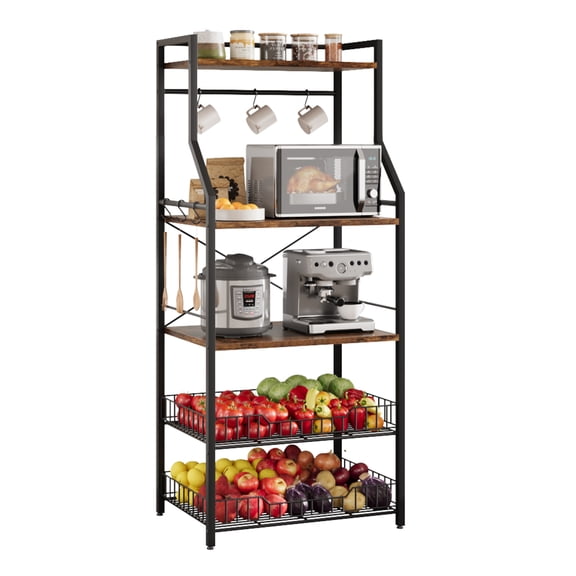Roromall Kitchen Bakers Rack, Microwave Oven Stand with 2 Large Wire Basket, Industrial Coffee Bar Station, 5-Tier Kitchen Utility Storage Shelf with 8 Hooks for Spice, Pots Organizer
