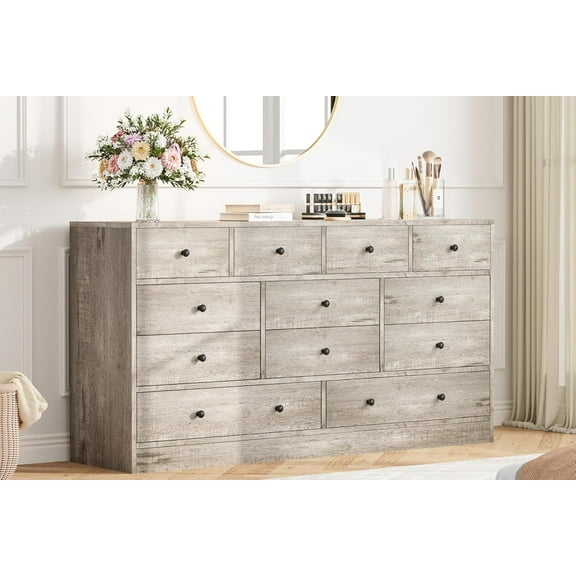 Roromall Large 12 Drawer Dresser for Bedroom, Wood Dresser with Power Outlet, Wide Chest of Drawers for Living Room, Hallway, Dressers with Smooth Metal Rail