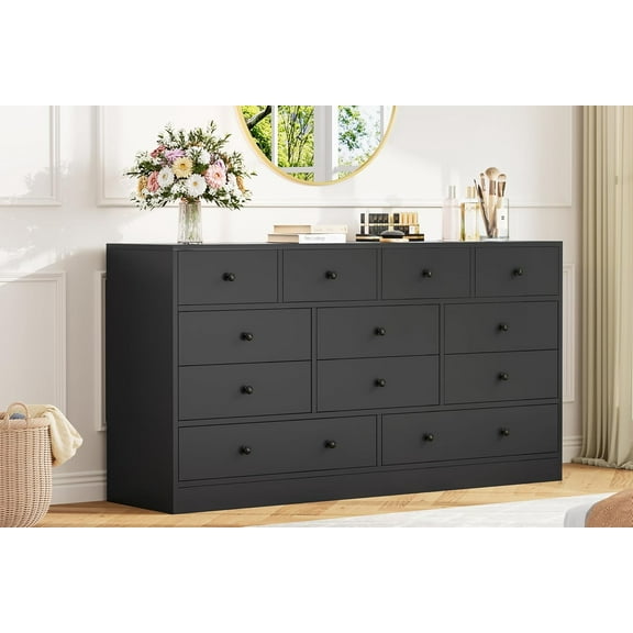 Roromall Large 12 Drawer Dresser for Bedroom, Wood Dresser with Power Outlet, Wide Chest of Drawers for Living Room, Hallway, Dressers with Smooth Metal Rail