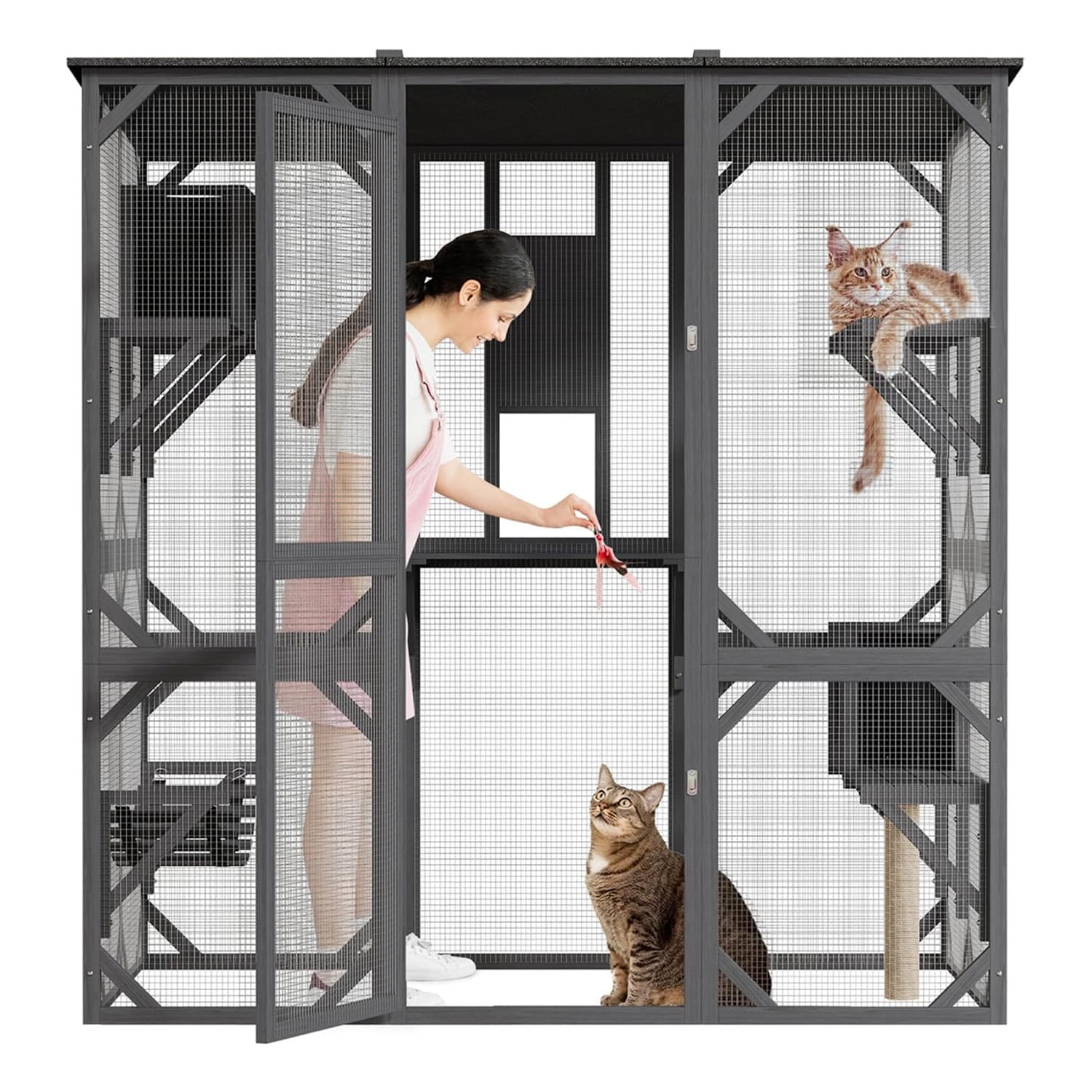 Roromall Large Walk-in Window Catio Outdoor, 70'' Wooden Cat Enclosure for Mulitiple Cats with Waterproof Roof, Feral Cat Shelter with Platforms, Hammock, Scratching Post and Resting Box