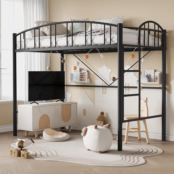 Roromall Metal Loft Bed Twin Size, Heavy Duty Loft Bed Frame with Arched Guardrail and Safety Ladder, Space-Saving, No Box Spring Needed