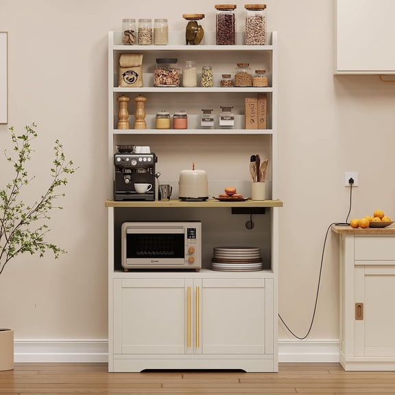 Roromall Microwave Stand with Storage Cabinet, Bakers Rack with Power Outlets, Farmhouse Storage Shelf with Thick Table Top, Small Kitchen Bakers Rack for Kitchen, Dining Room