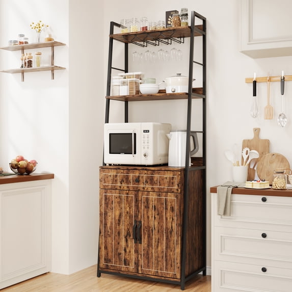 Roromall Microwave Storage Rack with Drawer, 70.8" Industrial Baker Rack Tall Bar Cabinet Kitchen Stand with Cabinet Freestanding Wine Cabinet for Living Room, Dining Room