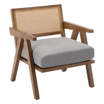 Roromall Mid Century Modern Accent Chair, Comfy Chairs with Wood Legs, Rattan Backrest & Thick Linen Cushion, Armchair for Bedroom Living Room Balcony Apartment