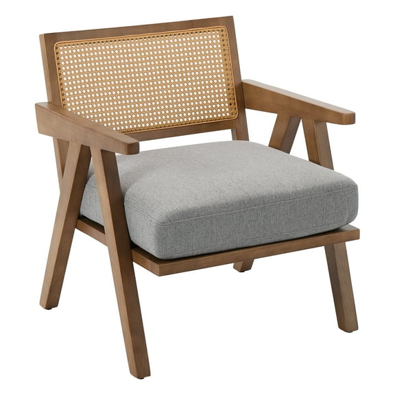 Roromall Mid Century Modern Accent Chair, Comfy Chairs with Wood Legs, Rattan Backrest & Thick Linen Cushion, Armchair for Bedroom Living Room Balcony Apartment