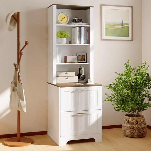 Roromall Modern Bookcase with 2 File Drawers, 72" Tall Farmhouse Storage Cabinet Wooden Bookshelf with 2 Adjustable Shelves for Living Room Office