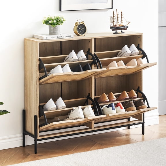 Roromall Modern Rattan Shoe Cabinet Organizer with 4 Flip Door Freestanding Shoe Rack Storage Organizer with 3-Tier Adjustable Shelves for Entryway, Closet, Hallway