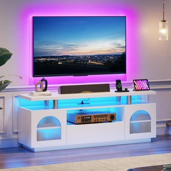 Roromall Modern TV Stand for 65 70 inch TV, Entertainment Center with Power Outlets and LED Lights, Media Console with Drawer and Adjustable Shelves, TV Console for Living Room, Bedroom