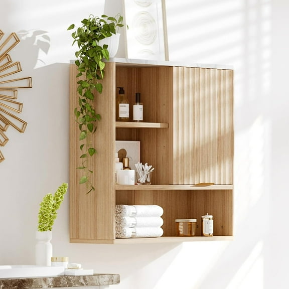 Roromall Modern Wall Cabinet with Fluted Sliding Door – Floating Cabinet with Faux Marble Top & Adjustable Shelf, for Bathroom, Kitchen