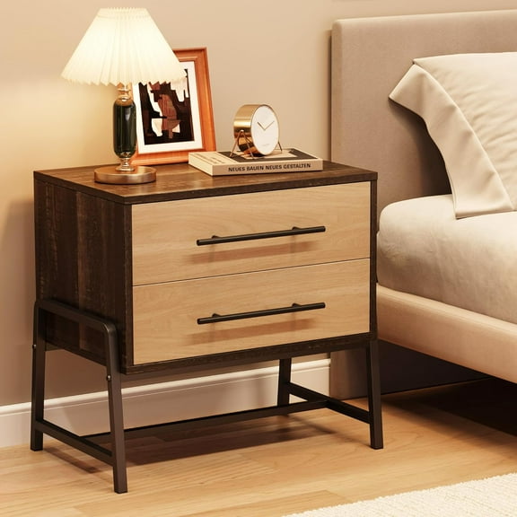 Roromall Nightstand with Drawers, Bedside Table with Storage, Side Table with Metal Legs, Mid-Century Night Stand Modern Bed Side Tables for Bedroom Living Room