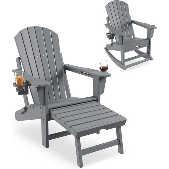 Roromall Outdoor Adirondack Rocking Chairs, Folding Adirondack Rocker Chair with 2 Cup Holders, HDPE All Weather Outdoor Adirondacks Rocking Chair for Porch, Garden, Deck