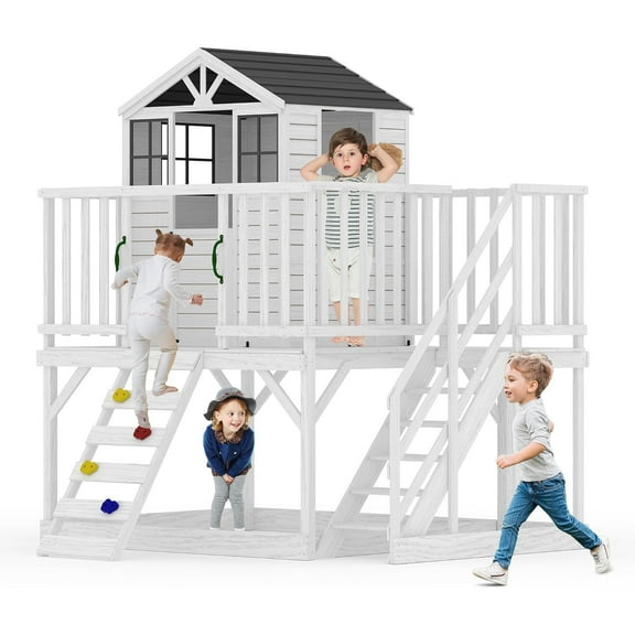 Roromall Outdoor Playhouse with Climbing Wall, 2 Story Wooden Playhouse with Sandbox, Elevated Cedar Wooden Playhouse with Step Ladder for Boys Girls