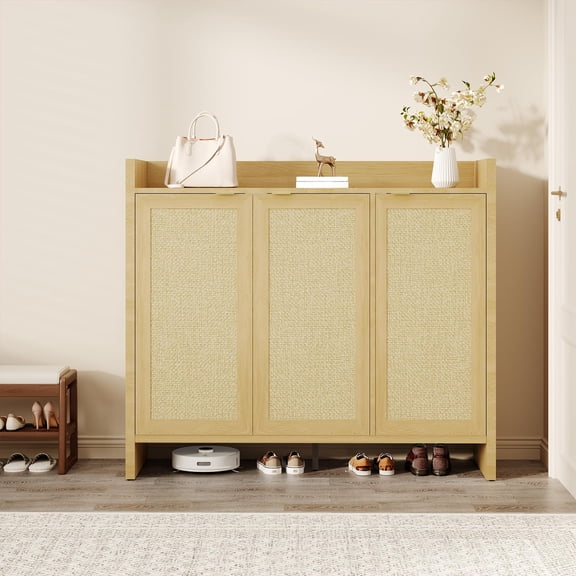 Roromall Rattan Shoe Storage Cabinet, Large Farmhouse Entryway Shoe Rack Organizer Cabinet with Doors and Adjustable for Hallway Living Room Entryway