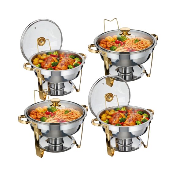 Roromall Round Chafing Dish Set of 4, 5 QT Stainless Steel Buffet Server Food Warmer with Transparent Lid & Fuel Holder, Round Chafer for Party Wedding Restaurant