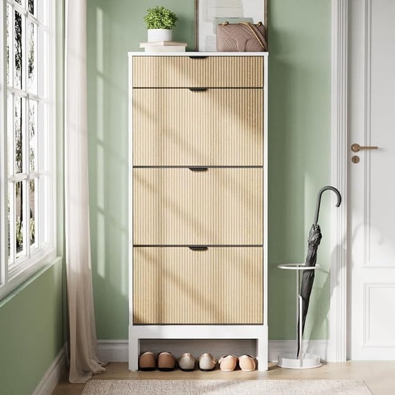 Roromall Shoe Storage Cabinet with 3 Flip Drawers, Farmhouse Fluted Shoe Organizer with Metal Legs, Freestanding Hidden Slim Narrow Shoe Rack for Entryway, Foyer, Hallway