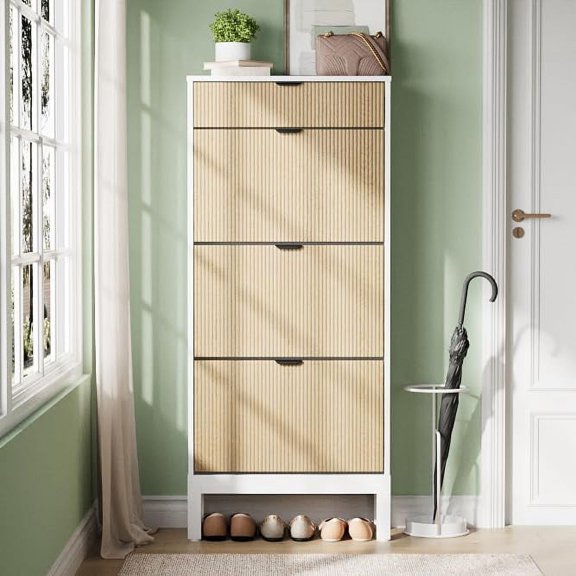 Roromall Shoe Storage Cabinet with 3 Flip Drawers, Farmhouse Fluted Shoe Organizer with Metal Legs, Freestanding Hidden Slim Narrow Shoe Rack for Entryway, Foyer, Hallway