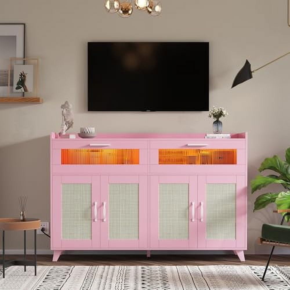 Pink MDF Buffet Cabinet with Rattan Doors and Acrylic Drawers